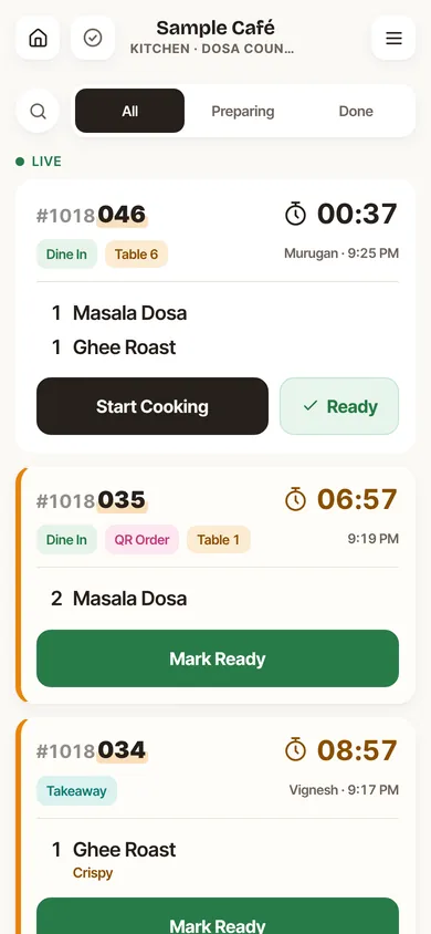 Delobee kitchen screen for the dosa counter showing three live tickets with timers — sample data