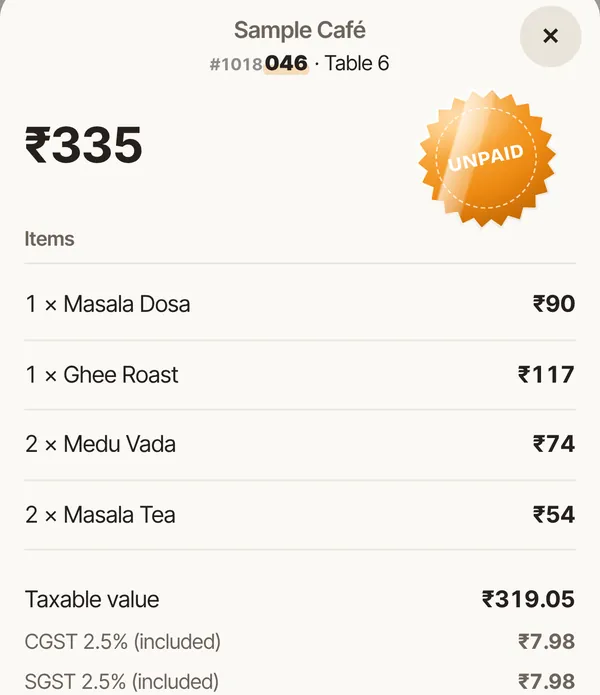 Delobee bill for Table 6 totalling ₹335 with CGST and SGST lines — sample data