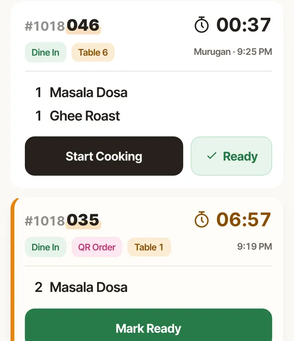 Delobee kitchen tickets for Table 6 and Table 1 with timers and Start Cooking and Mark Ready buttons — sample data